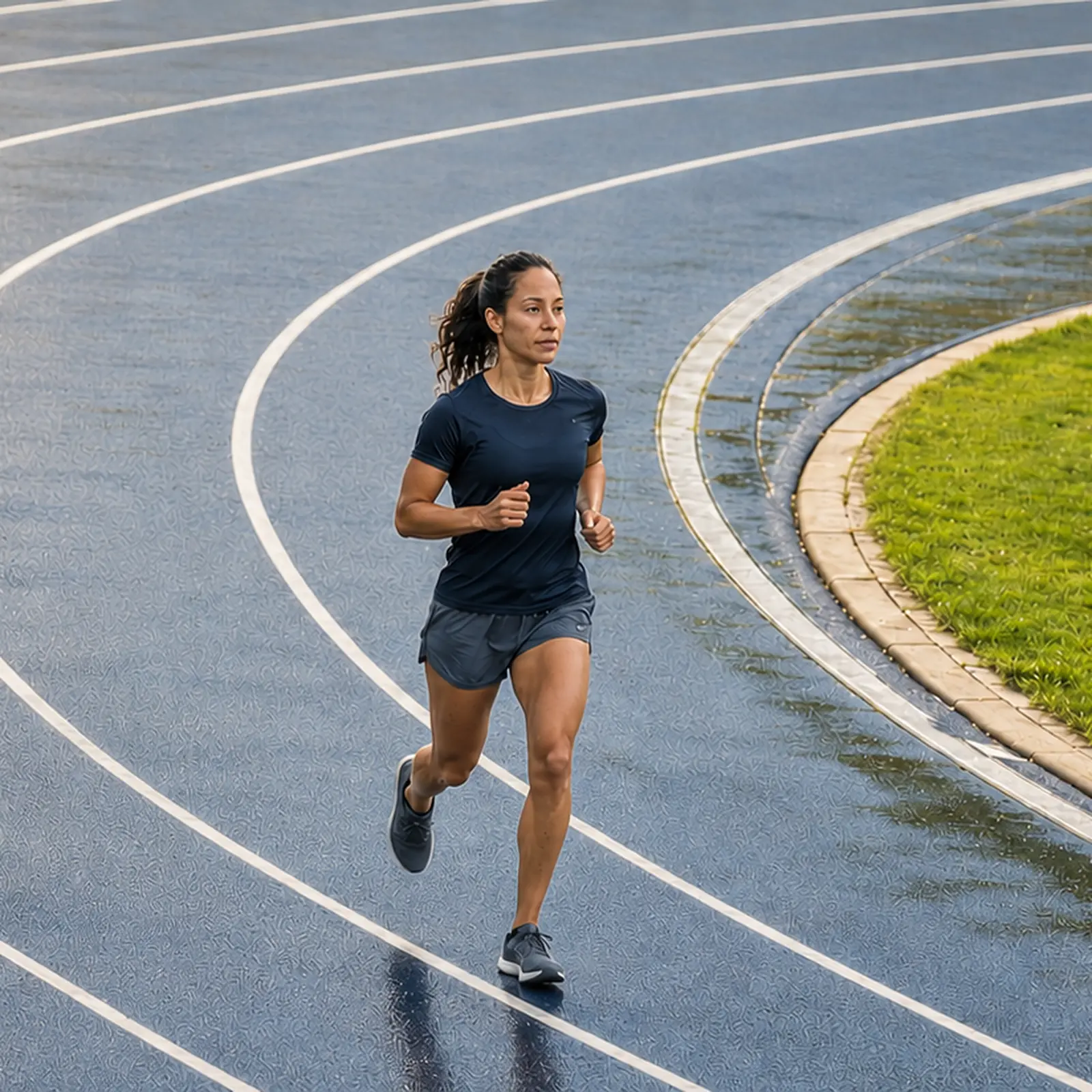 A runner on a wet athletics track, the curved lanes beside her