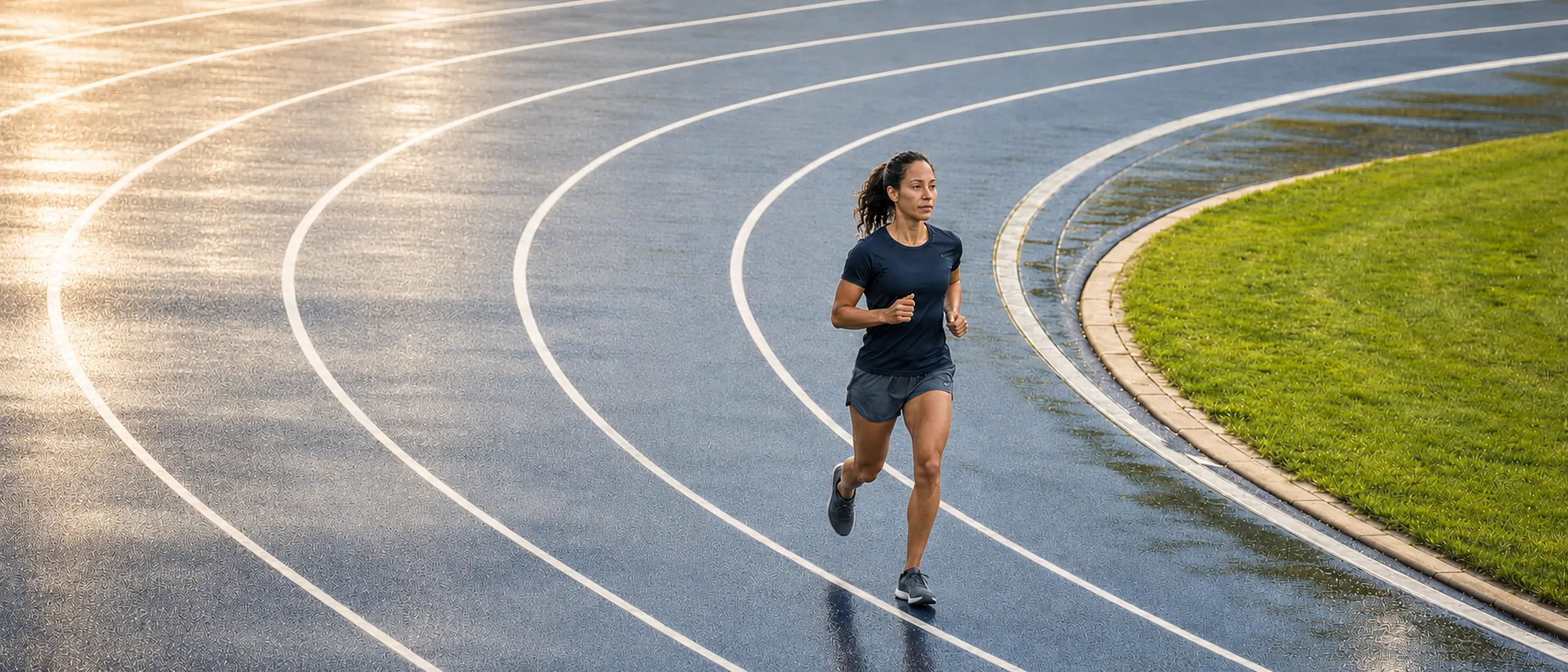 A runner on a wet athletics track, the curved lanes beside her