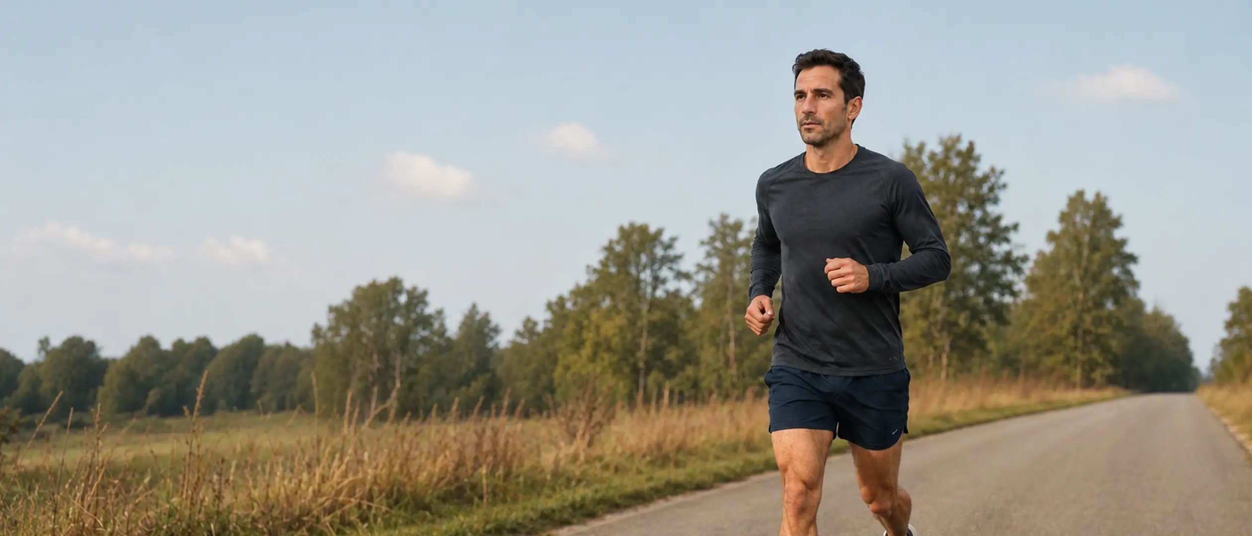 A runner on an open country road in the early morning