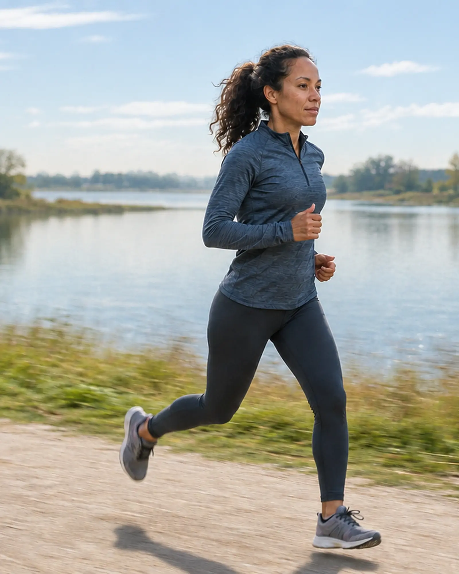 A runner beside a lake in clear morning light