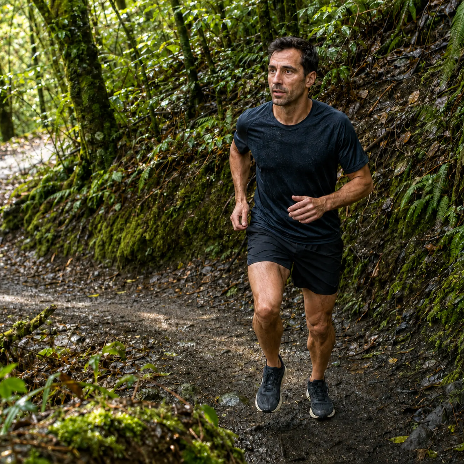 A runner coming up a bend on a wooded trail
