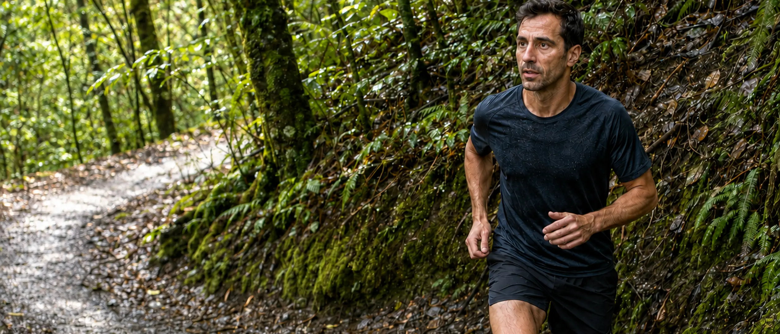 A runner coming up a bend on a wooded trail