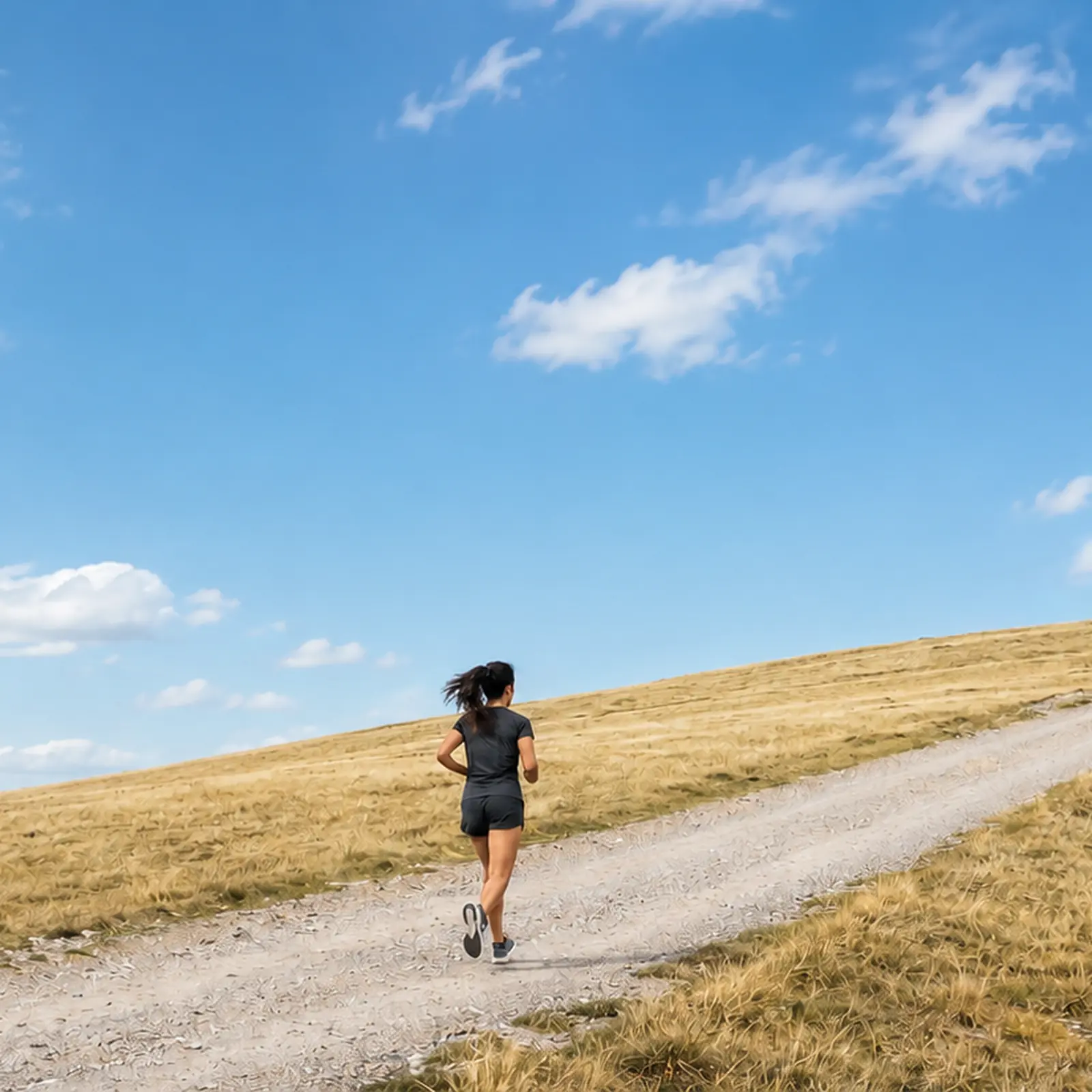 A runner alone on a grassland path under an open sky