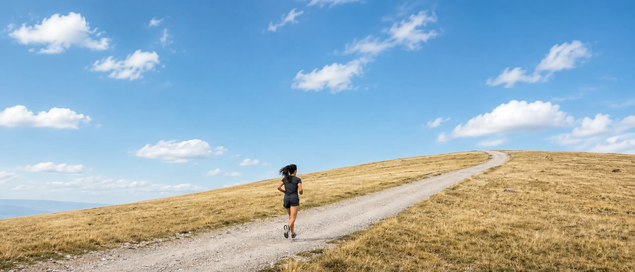 A runner alone on a grassland path under an open sky