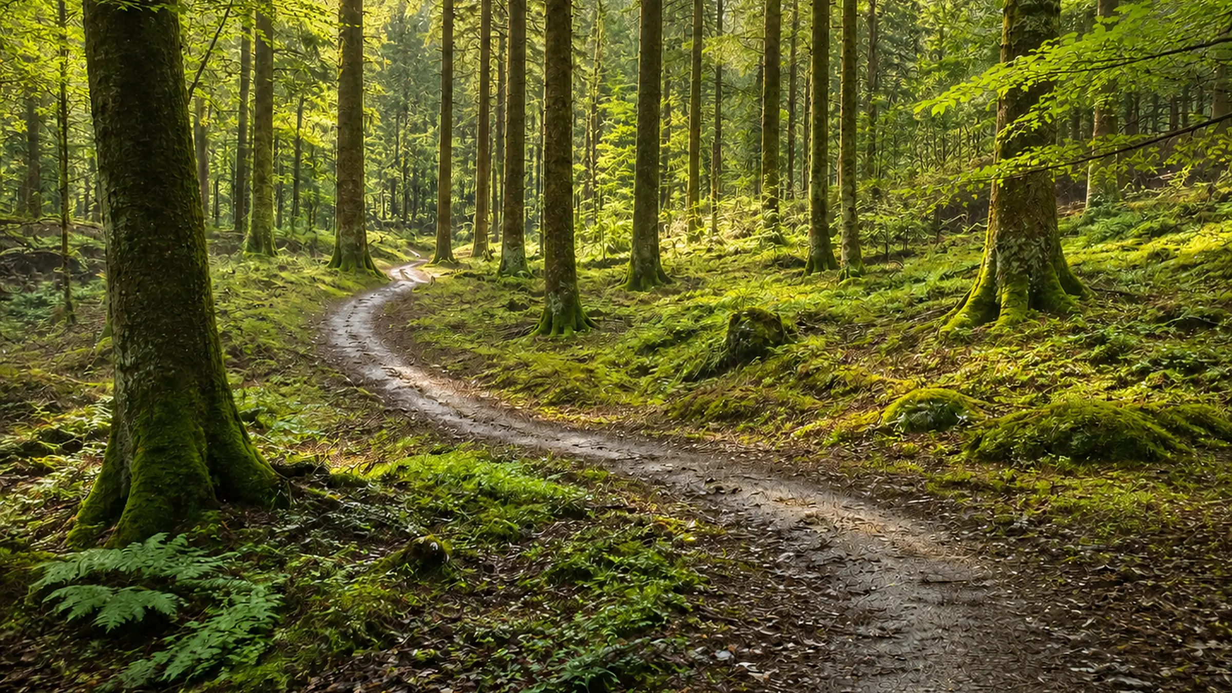 An empty single track path winding through sunlit woodland