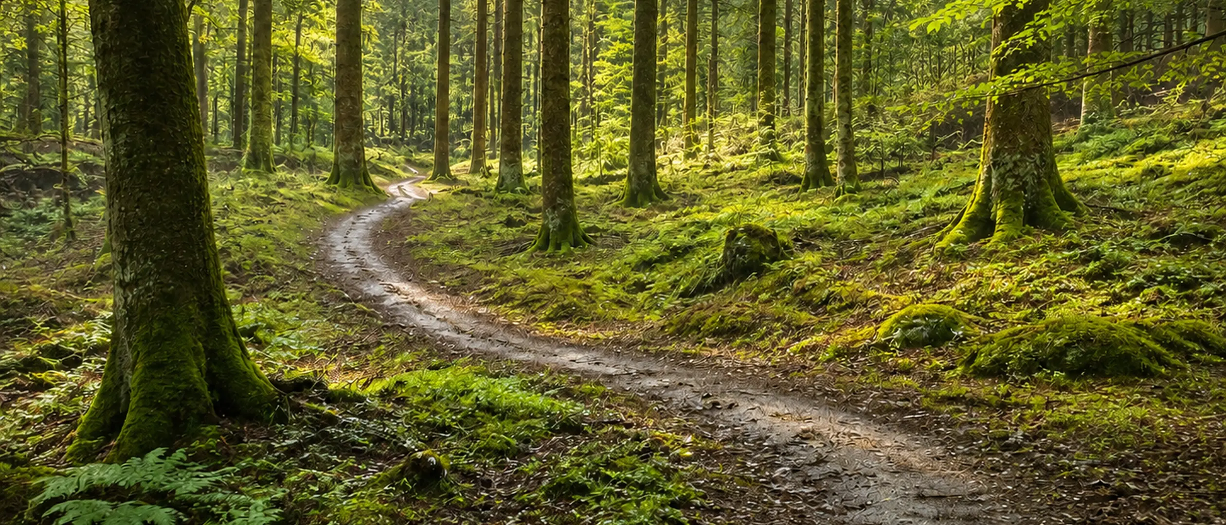 An empty single track path winding through sunlit woodland