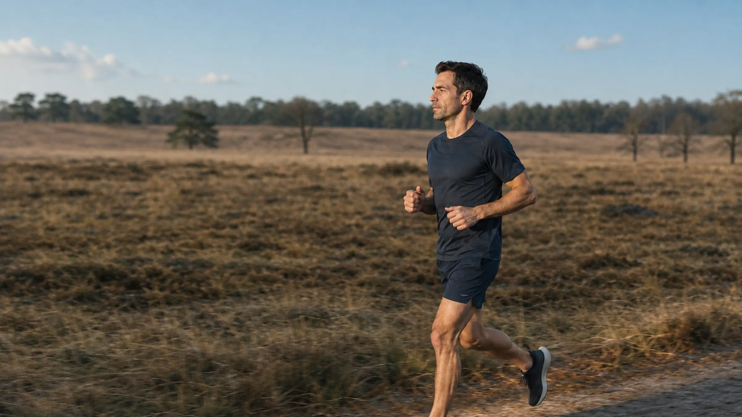 A runner crossing open heathland in late afternoon light