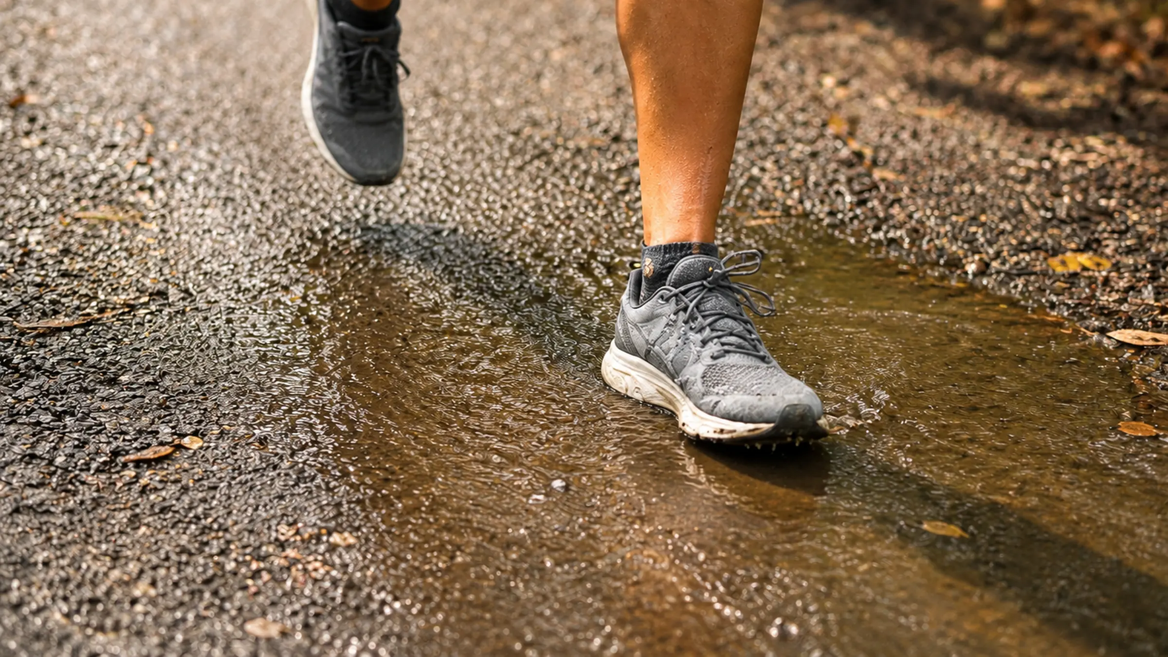 A running shoe landing in a shallow puddle on wet gravel