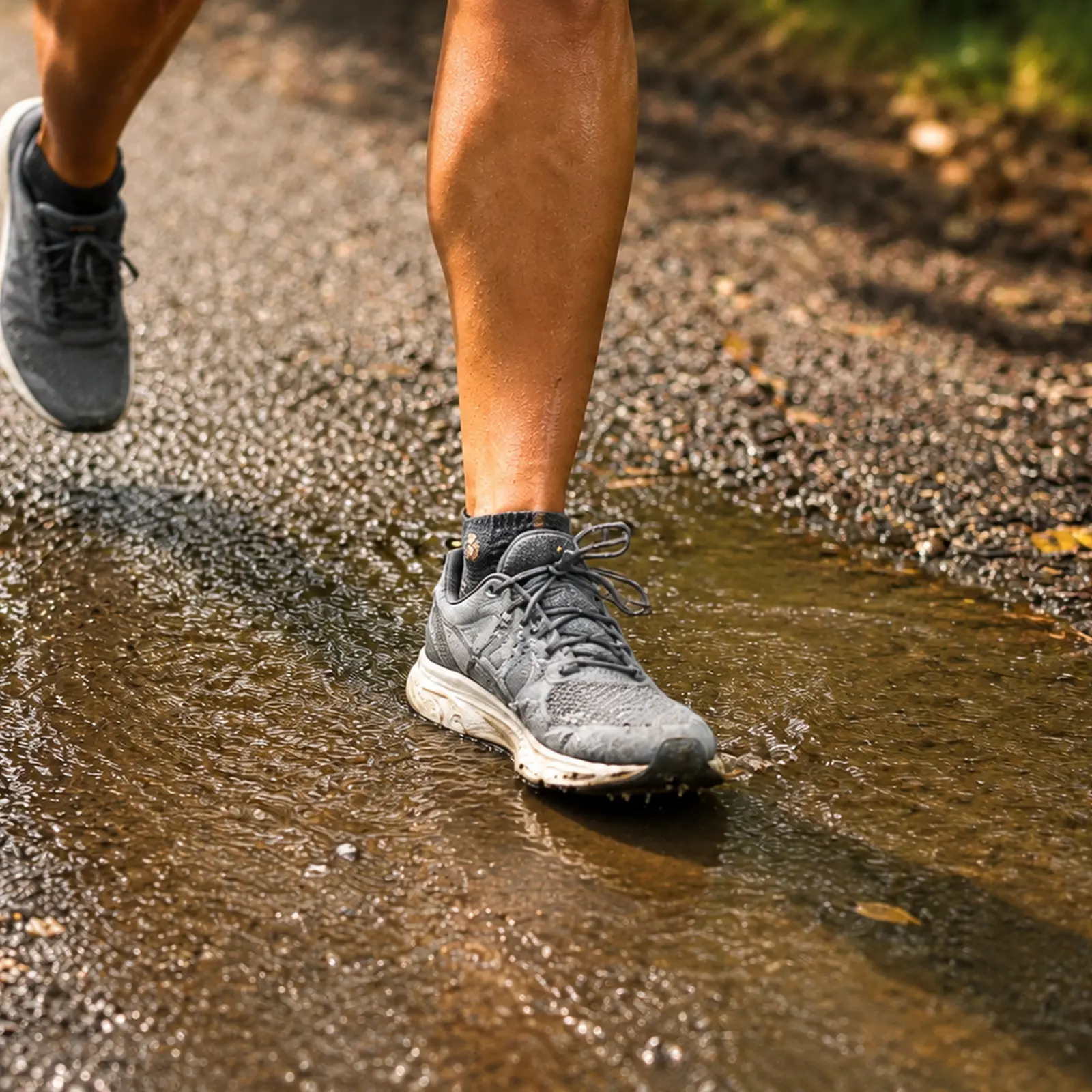 A running shoe landing in a shallow puddle on wet gravel