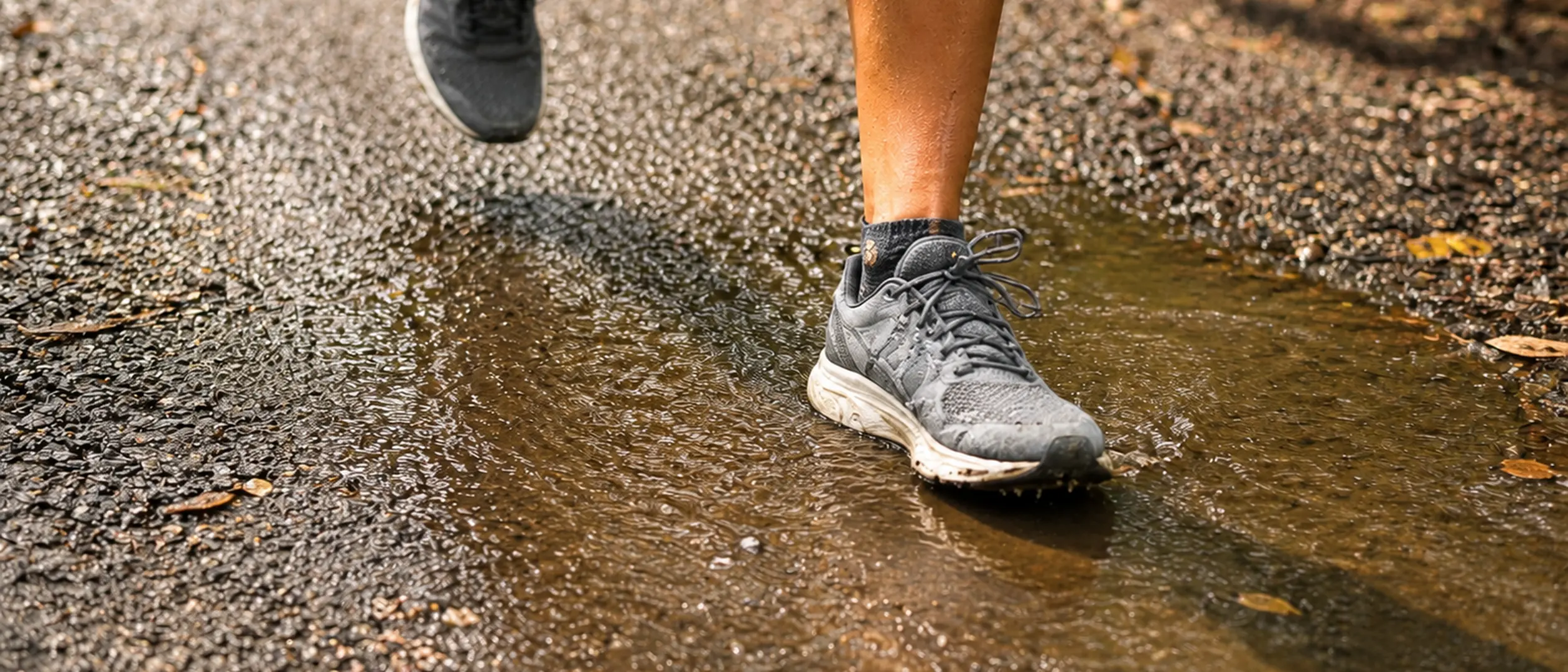 A running shoe landing in a shallow puddle on wet gravel