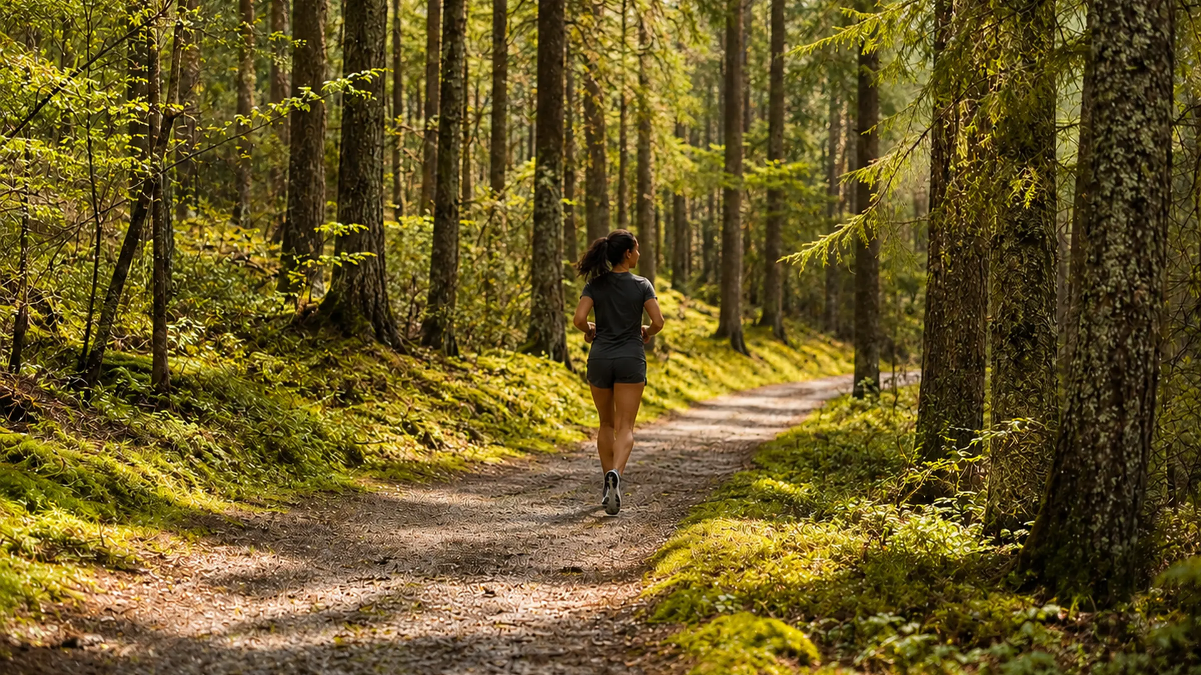 A runner far down a forest track between tall trees