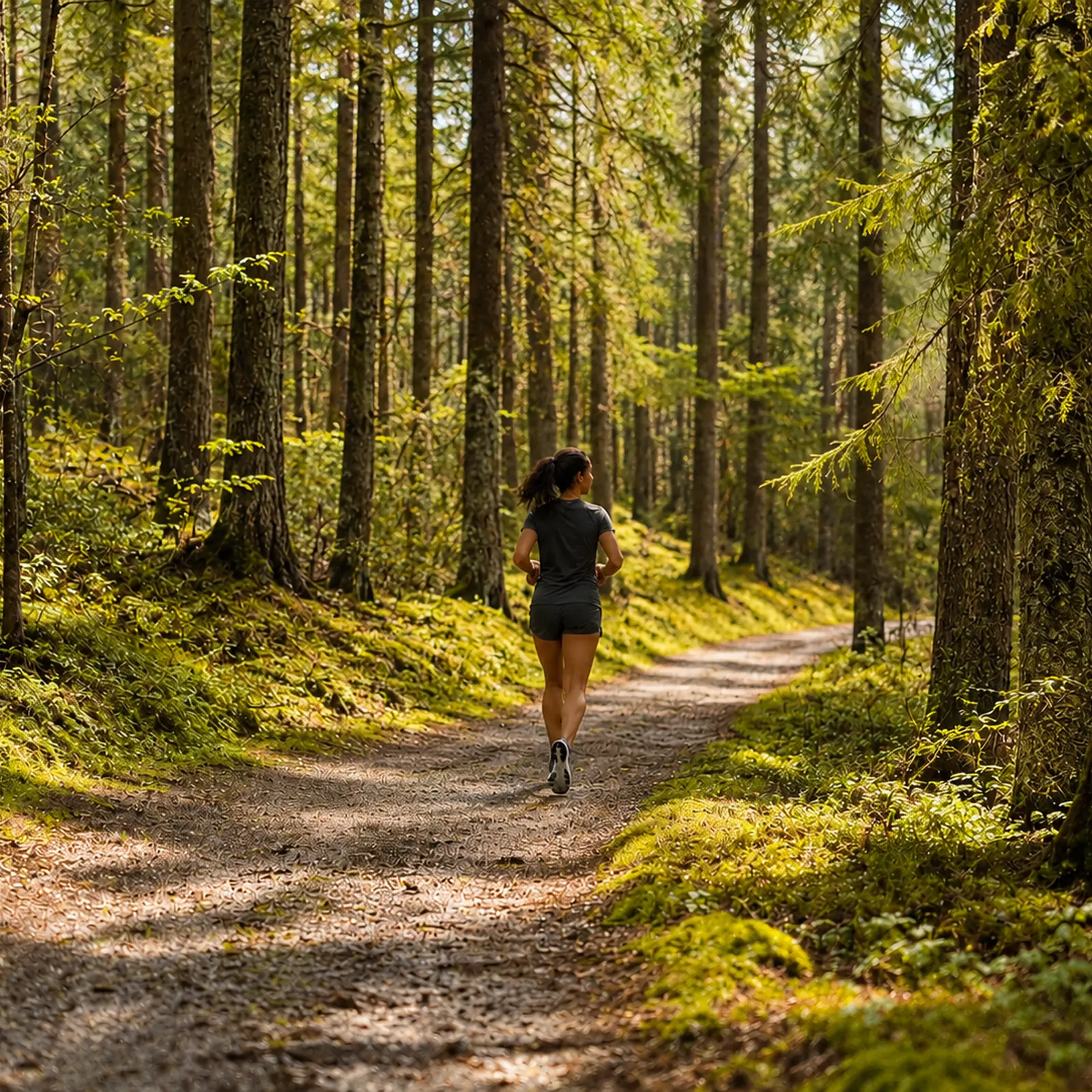 A runner far down a forest track between tall trees