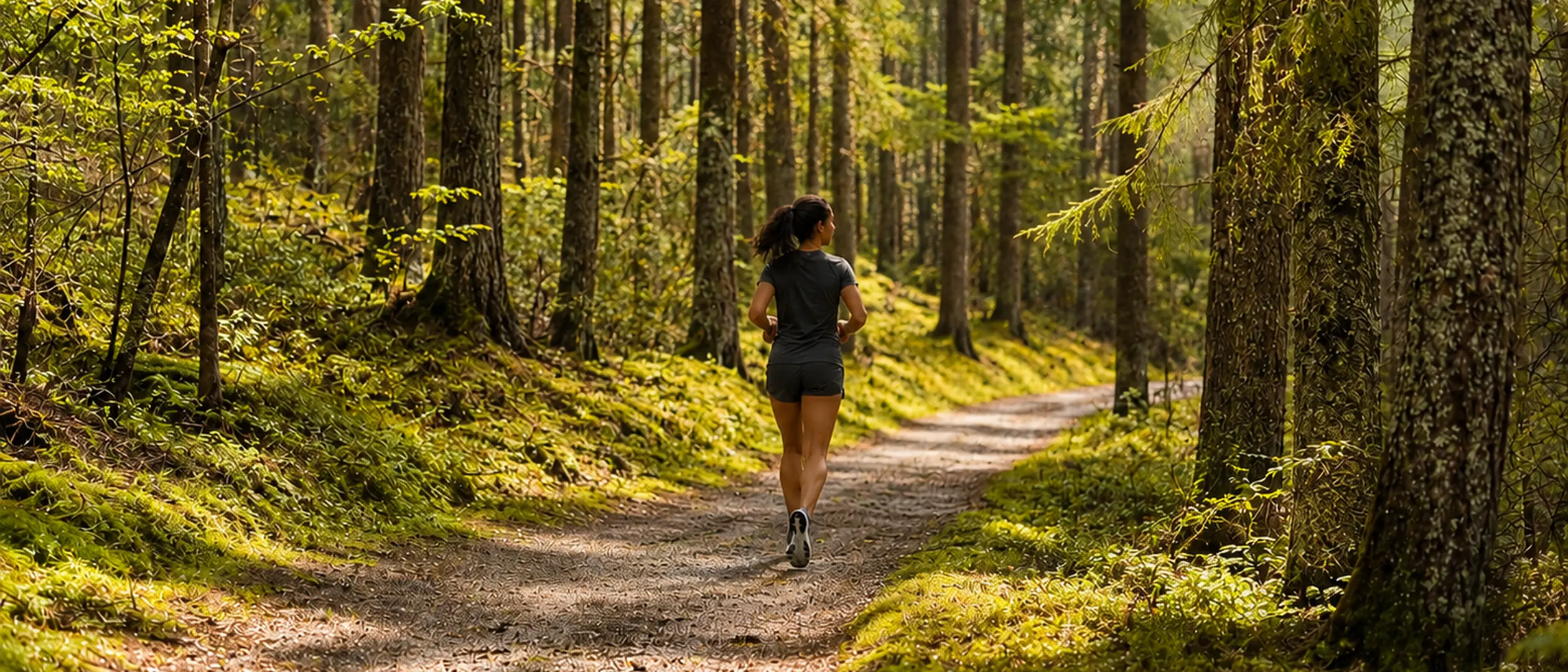 A runner far down a forest track between tall trees
