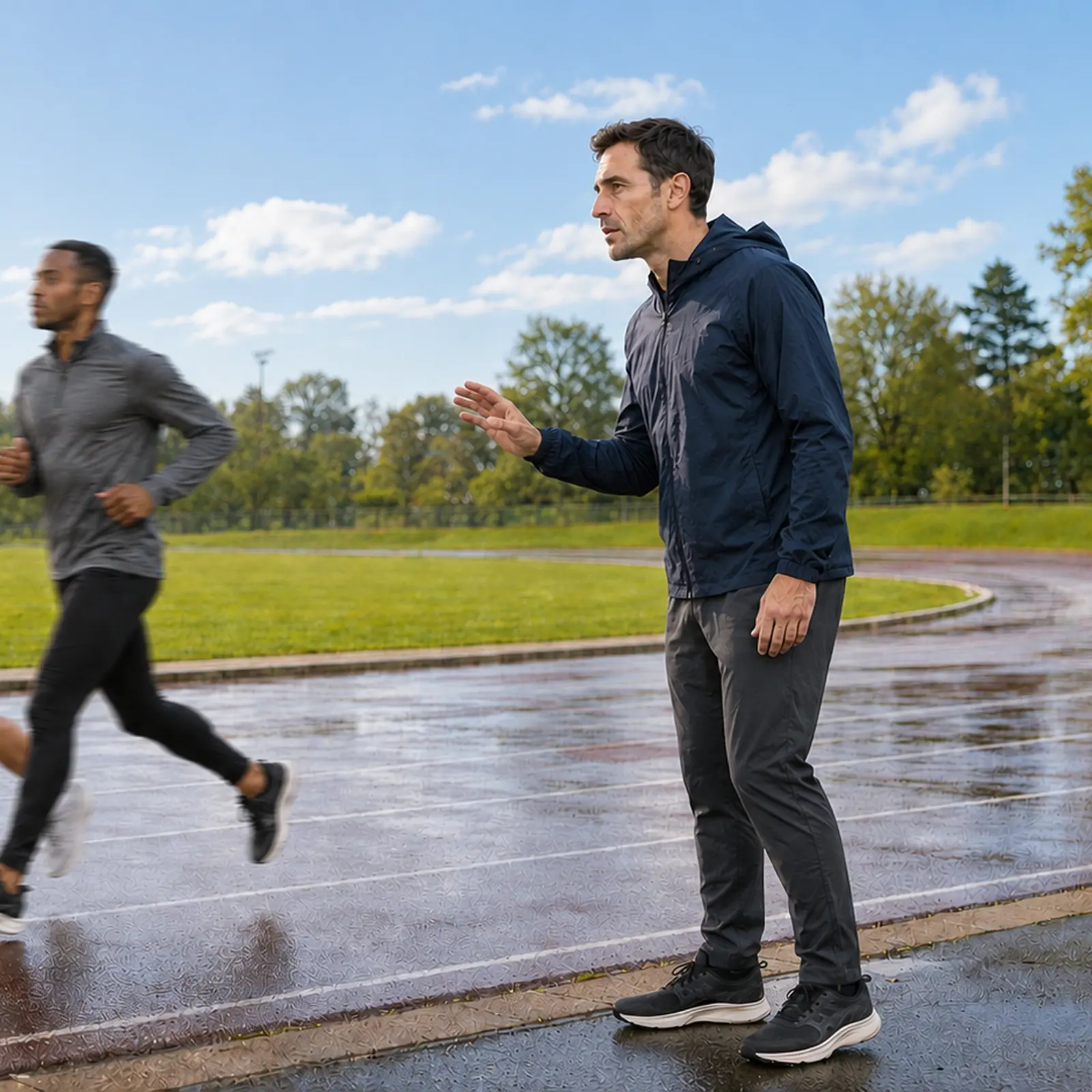 A coach watching a group of runners on a track