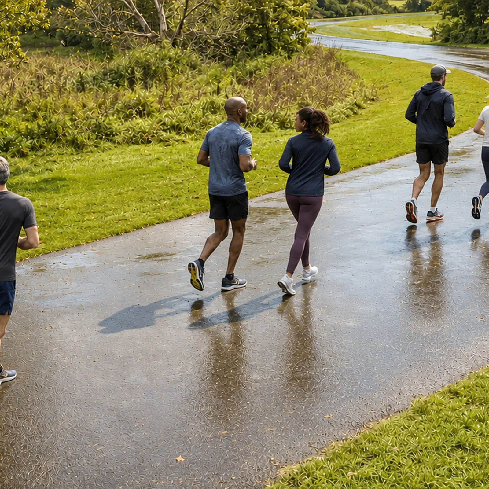 Six runners training together in pairs on a quiet road