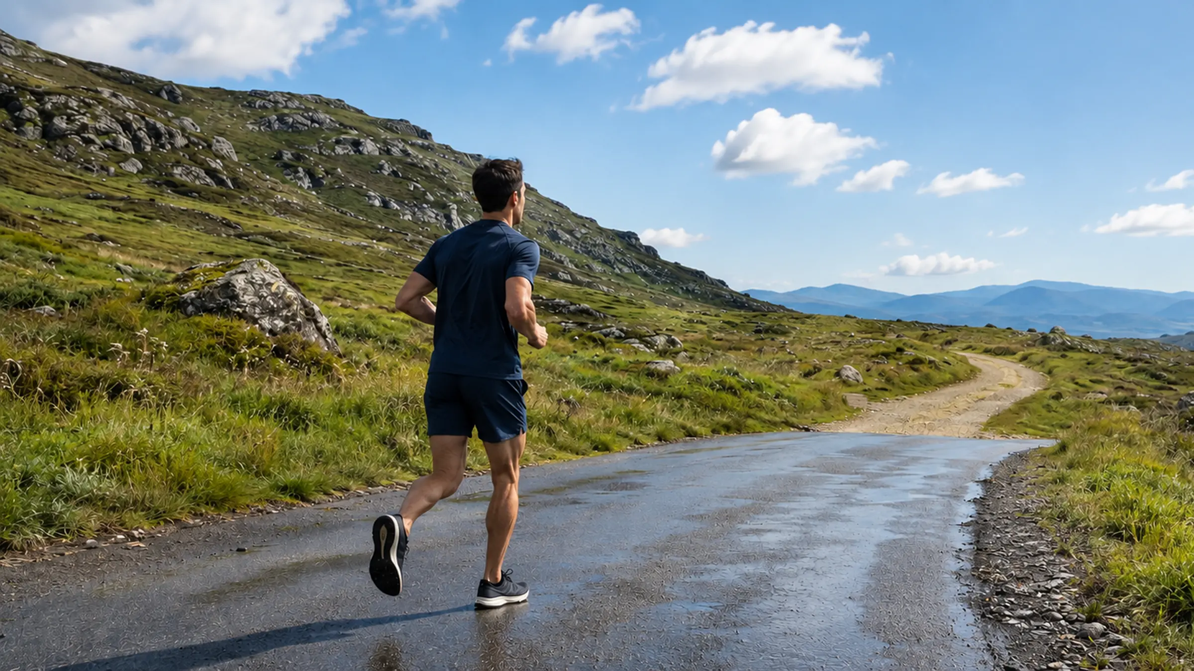 A runner on a winding road through open highland