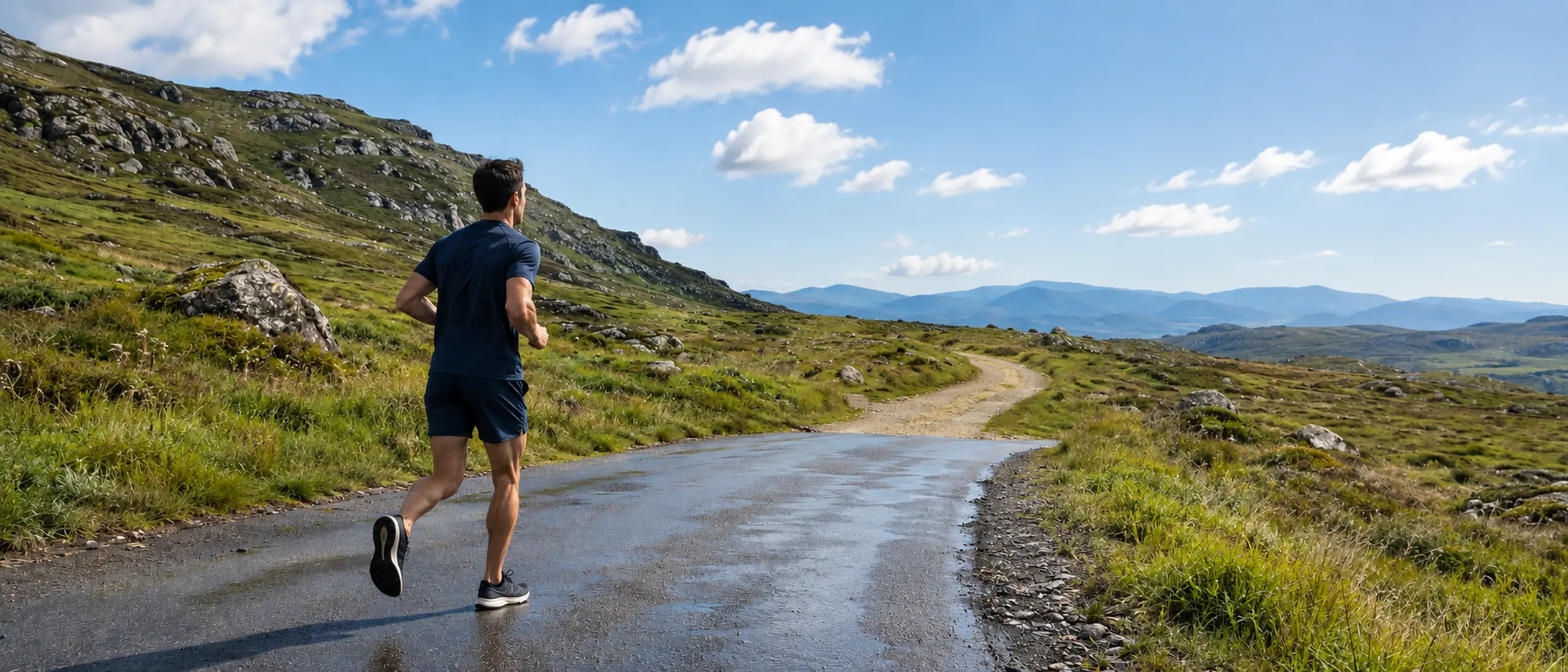 A runner on a winding road through open highland