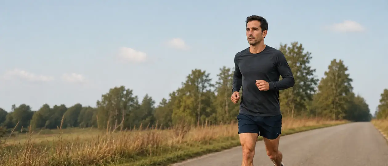 A runner on an open country road in the early morning